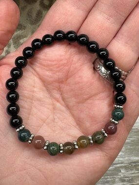 India Agate & Black Obsidian Crystal Gemstone Stretch Natural Healing Energy